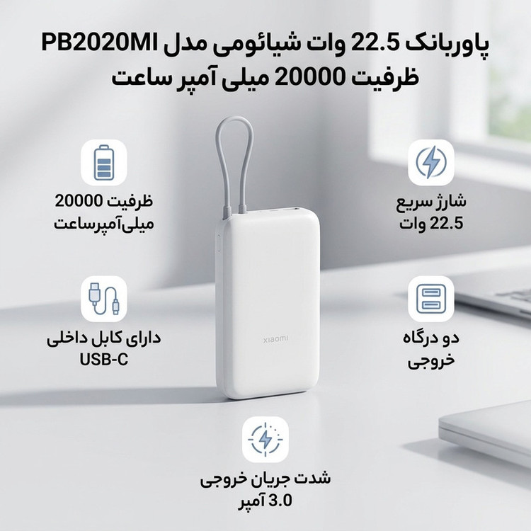پاوربانک شیائومی مدل PB2020MI ظرفیت 20000 میلی آمپر ساعت