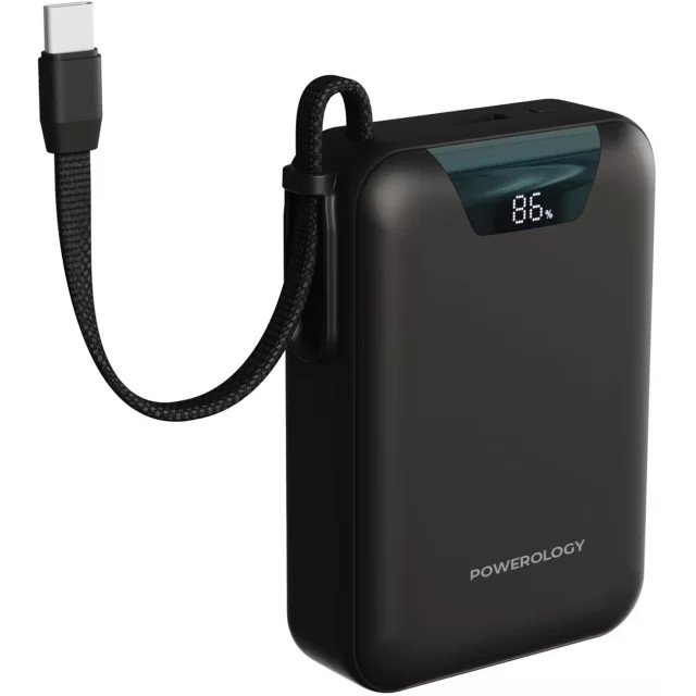 پاوربانک 20000 تایپسی و USB-A توان 22.5 وات پاورولوژی Powerology PPBM102BK با کابل تایپسی متصل و نمایشگر دیجیتالی