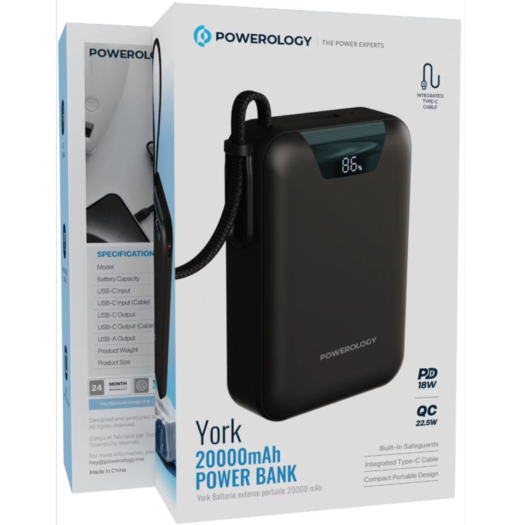 پاوربانک 20000 تایپسی و USB-A توان 22.5 وات پاورولوژی Powerology PPBM102BK با کابل تایپسی متصل و نمایشگر دیجیتالی