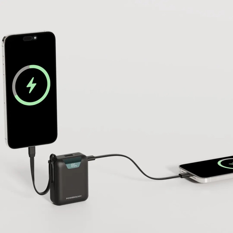 پاوربانک 20000 تایپسی و USB-A توان 22.5 وات پاورولوژی Powerology PPBM102BK با کابل تایپسی متصل و نمایشگر دیجیتالی