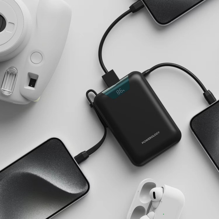 پاوربانک 20000 تایپسی و USB-A توان 22.5 وات پاورولوژی Powerology PPBM102BK با کابل تایپسی متصل و نمایشگر دیجیتالی